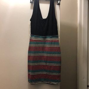 Dress with black top. Multicolored stripe skirt